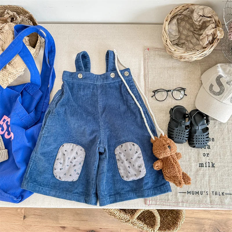 -キッズサロペット コーデュロイサスペンダーパンツ ワイドルーズ 膝パッチ ブルー カーキ 2カラー - mamahalo shop - サロペットパンツ・サスペンダーパンツ - べビー服 - 子供服 - 男の子 - 女の子