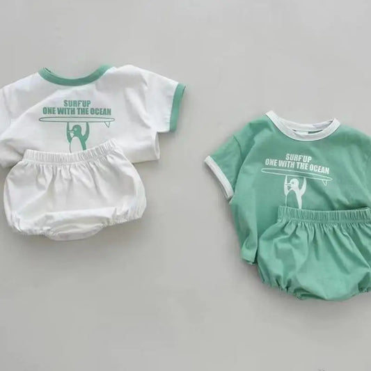 -ベビーセットアップ 2点セット 半袖Tシャツ+ブルマパンツ ペンギンサーファー 2カラー【mh0004983】 - mamahalo shop - 半袖セットアップ - べビー服 - 子供服 - 男の子 - 女の子