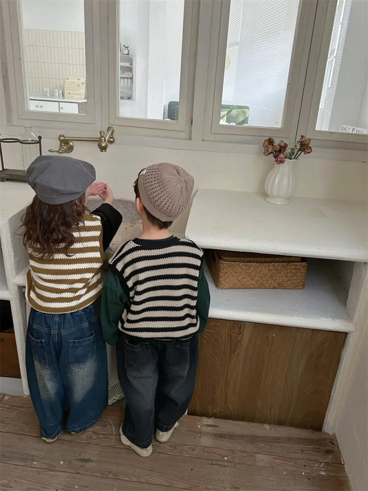 -キッズベスト ボーダー柄ニットベスト イエロー/ブラック/2カラー - mamahalo shop - ベスト - べビー服 - 子供服 - 男の子 - 女の子