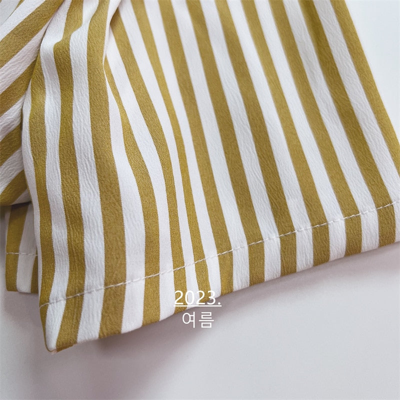 -キッズ ストライプ セットアップ 半袖 オープンカラー シャツ ショートパンツ イエロー ボーイズ - mamahalo shop - 半袖セットアップ - べビー服 - 子供服 - 男の子 - 女の子