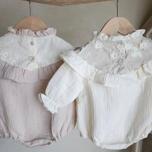 -ベビーロンパース 長袖ボディスーツ レースフリルパッチワーク ベージュ/ピンク/2カラー - mamahalo shop - 長袖ロンパース - べビー服 - 子供服 - 男の子 - 女の子