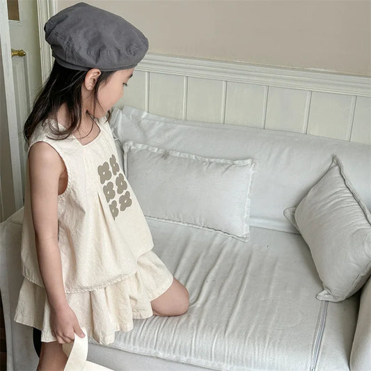 -キッズセットアップ 2点セット ノースリーブトップス+フレアショートパンツ レトロフラワープリント 2カラー - mamahalo shop - ノースリーブセットアップ - べビー服 - 子供服 - 男の子 - 女の子