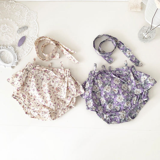 -ベビー フラワー 花柄 ラッフル フリル サスペンダー ブルマ パンツ アプリコットベージュ パープル ガールズ - mamahalo shop - ブルマパンツ - べビー服 - 子供服 - 男の子 - 女の子