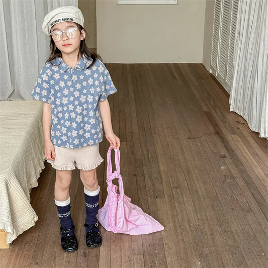 -キッズトップス 半袖ポロシャツ レトロフラワープリント 2カラー【mh0005445】 - mamahalo shop - 半袖シャツ・ブラウス - べビー服 - 子供服 - 男の子 - 女の子