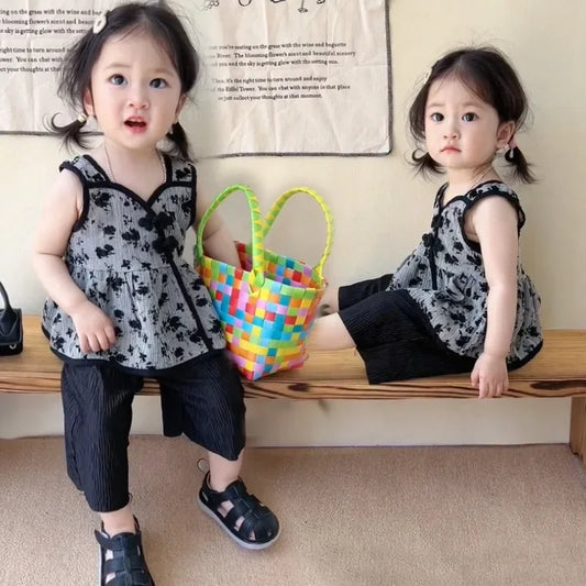 -キッズ セットアップ フラワー キャミソール ペプラム トップス ワイド フレア パンツ【mh0001562】 - mamahalo shop - ノースリーブセットアップ - べビー服 - 子供服 - 男の子 - 女の子