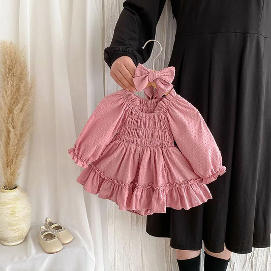 -ベビーロンパース ヘアバンドセット 長袖パフスリーブ フリルスカートボディスーツ ドレスロンパース ピンク【mh0006460】 - mamahalo shop - 長袖ロンパース - べビー服 - 子供服 - 男の子 - 女の子