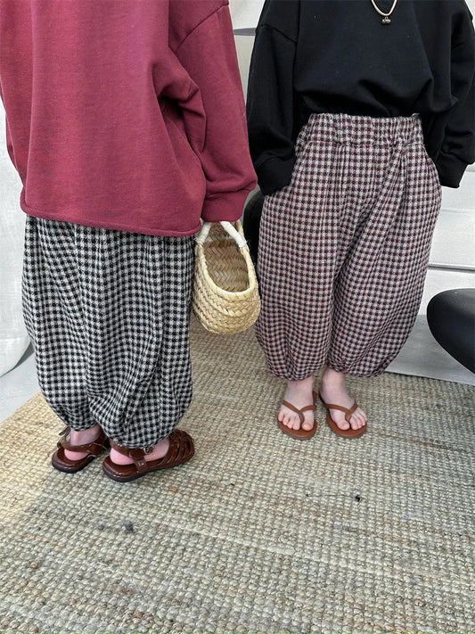 -キッズパンツ チェック柄ランタンパンツ ルーズロングパンツ コーヒーレッド/ブラック/2カラー - mamahalo shop - ロングパンツ・スウェットパンツ - べビー服 - 子供服 - 男の子 - 女の子
