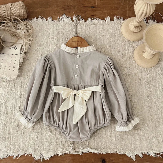 -ベビーロンパース 長袖パフスリーブボディスーツ スタンドフリルカラー【mh0006488】 - mamahalo shop - 長袖ロンパース - べビー服 - 子供服 - 男の子 - 女の子