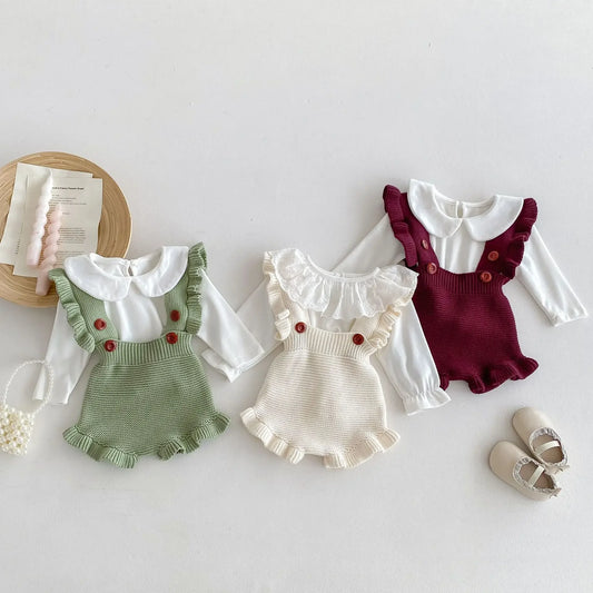 -ベビーパンツ フリルサスペンダーショルダーニットサロペットパンツ 3カラー - mamahalo shop - サロペットパンツ・サスペンダーパンツ - べビー服 - 子供服 - 男の子 - 女の子