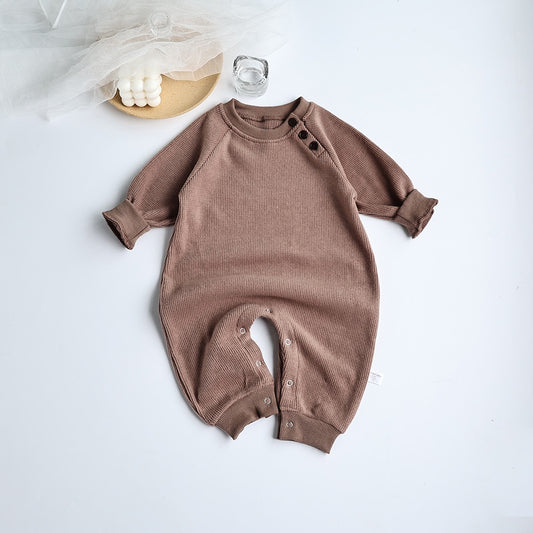 -ベビー服 ロンパース ジャンプスーツ 長袖 カバーオール シンプル ベーシック ルーズ コットン コーヒー ベージュ 男の子 女の子 - mamahalo shop - 長袖ロンパース - べビー服 - 子供服 - 男の子 - 女の子