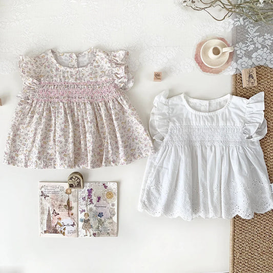 -ベビーキッズトップス フリルスリーブチュニックブラウス 無地/フラワー花柄プリント - mamahalo shop - 半袖シャツ・ブラウス - べビー服 - 子供服 - 男の子 - 女の子