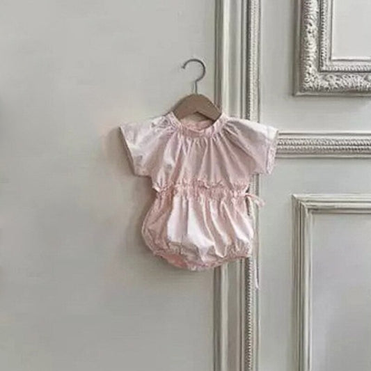 -ベビー ウエストマーク 半袖 ロンパース ピンク ベージュ ガールズ【mh0002089】 - mamahalo shop - 半袖ロンパース - べビー服 - 子供服 - 男の子 - 女の子