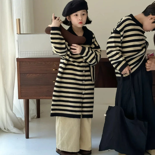 -キッズトップス/ワンピース ボーダー長袖セーター/ポロ襟ボーダーフロントオープンワンピース リンクコーデ 兄弟姉妹 お揃いコーデ【mh0007138】 - mamahalo shop - 長袖ワンピース - べビー服 - 子供服 - 男の子 - 女の子
