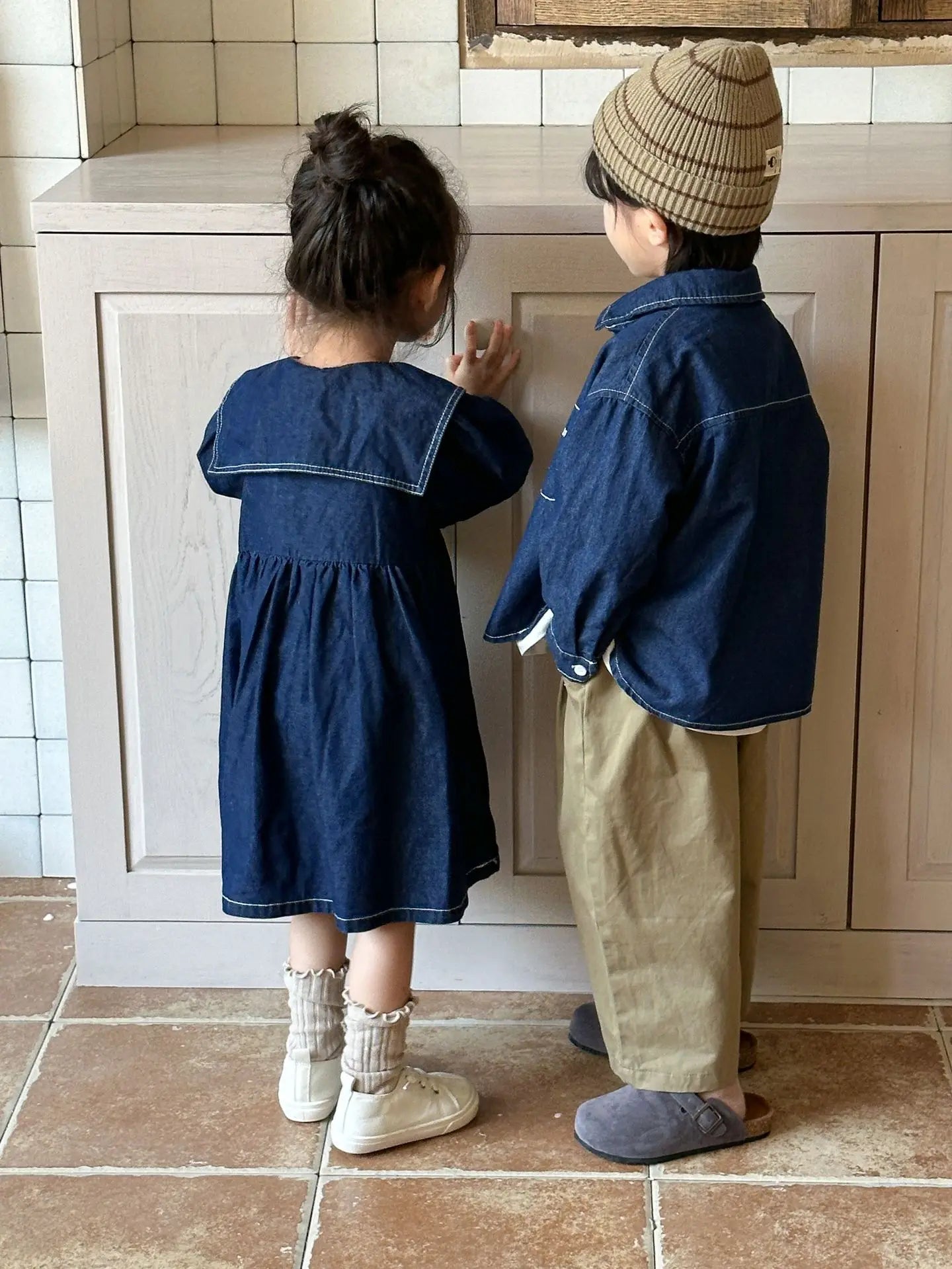 -キッズトップス/ワンピース デニム 長袖シャツ/長袖セーラーカラーワンピース リンクコーデ 兄弟姉妹 お揃いコーデ - mamahalo shop - 長袖ワンピース - べビー服 - 子供服 - 男の子 - 女の子