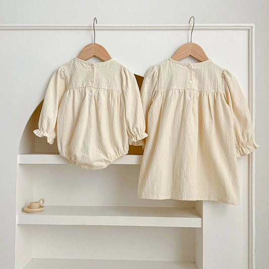 -ベビーロンパース/キッズワンピース レースフラワー長袖ボディスーツ/ワンピース リンクコーデ 姉妹 お揃いコーデ - mamahalo shop - 長袖ロンパース - べビー服 - 子供服 - 男の子 - 女の子