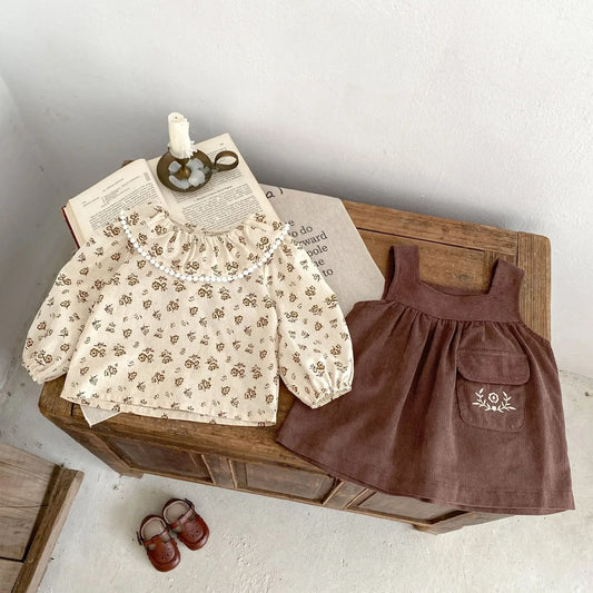 -ベビーキッズトップス/ワンピース フラワー小花柄プリントラッフル襟長袖ブラウス/ノースリーブ刺繍ポケットジャンパースカート - mamahalo shop - 長袖セットアップ - べビー服 - 子供服 - 男の子 - 女の子