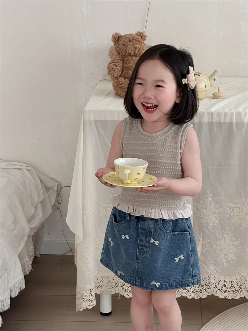 -キッズスカート デニム タイトスカート ショートパンツ リボン刺繍 パンツインスカート - mamahalo shop - スカート - べビー服 - 子供服 - 男の子 - 女の子