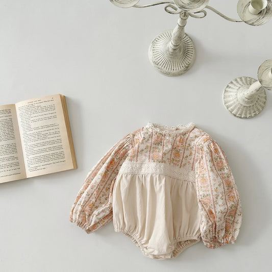 -ベビーロンパース 長袖パフスリーブボディスーツ レトロ フラワー花柄プリント レース【mh0004664】 - mamahalo shop - 長袖ロンパース - べビー服 - 子供服 - 男の子 - 女の子