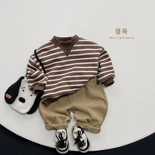 -キッズトップス ボーダー 裏フリーススウェットシャツ トレーナー - mamahalo shop - トレーナー・フーディ - べビー服 - 子供服 - 男の子 - 女の子