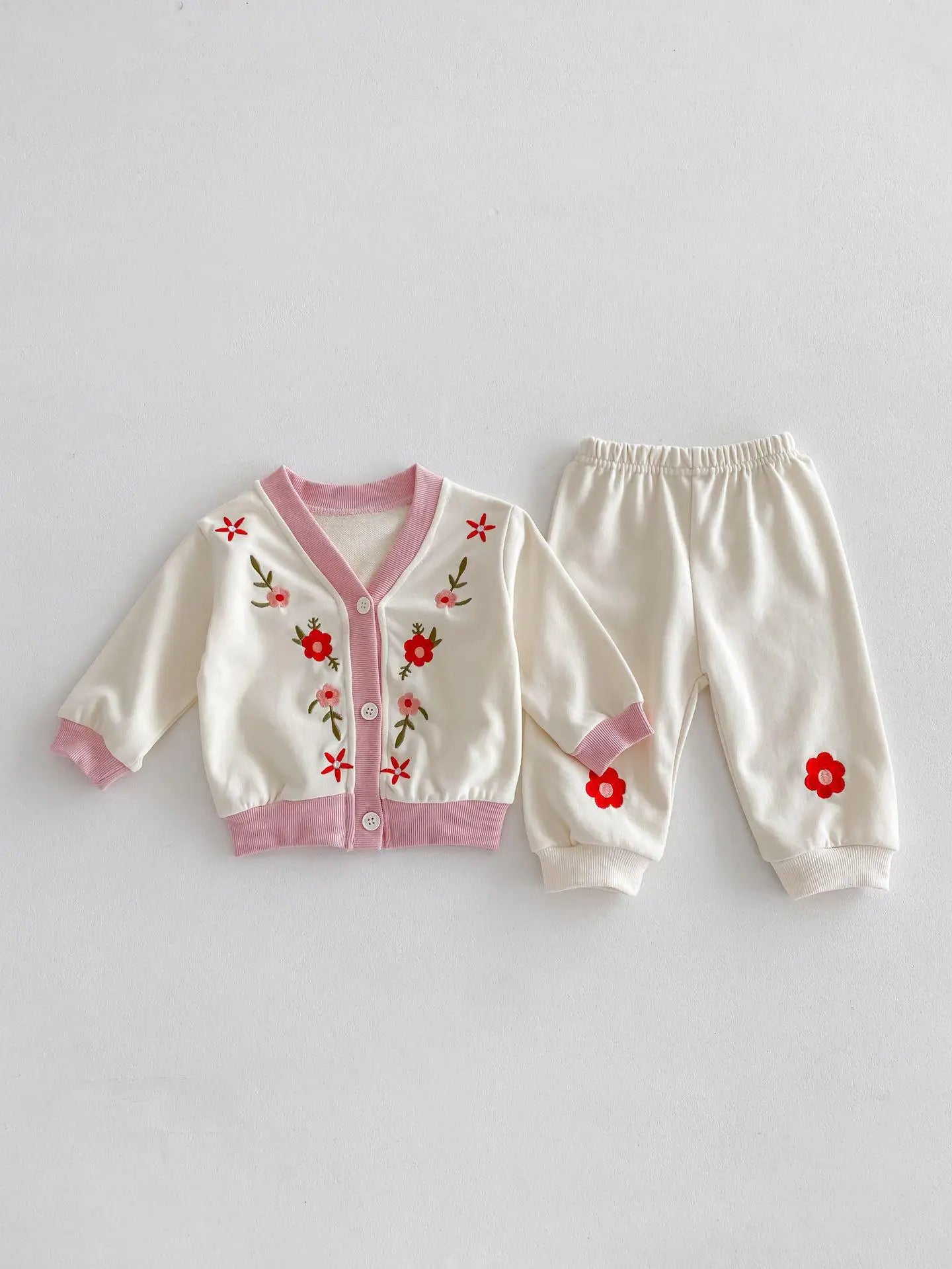 -ベビーセットアップ 2点セット カーディガン+スウェットパンツ フラワー花柄刺繍 2カラー - mamahalo shop - 長袖セットアップ - べビー服 - 子供服 - 男の子 - 女の子