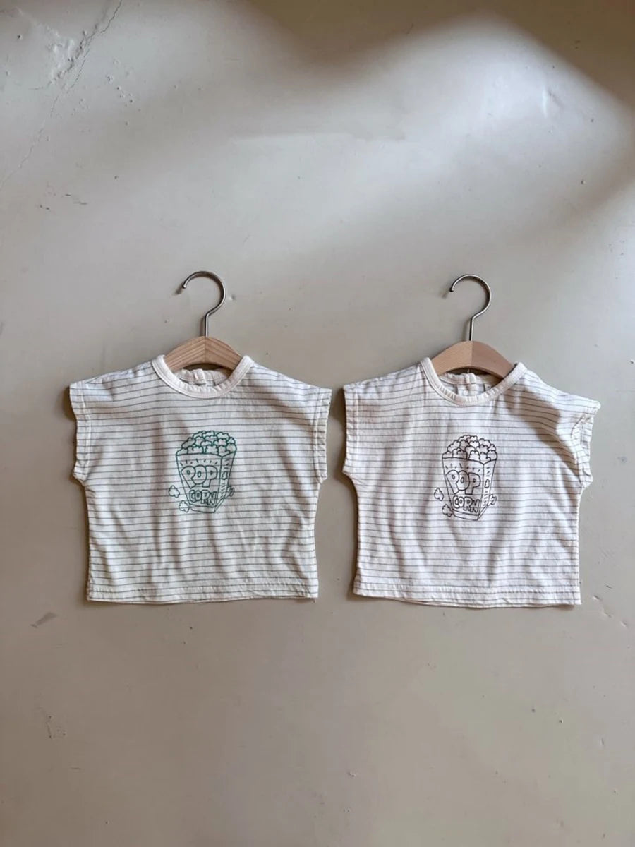 -ベビーセットアップ 2点セット 半袖Tシャツ+ブルマパンツ ボーダー ポップコーンプリント 2カラー【mh0005940】 - mamahalo shop - 半袖セットアップ - べビー服 - 子供服 - 男の子 - 女の子