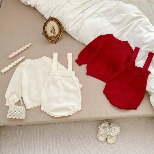 -ベビーカーディガン/ロンパース ニットジャケット/ニットサスペンダーボディスーツ 2カラー【mh0006458】 - mamahalo shop - ロンパースセットアップ - べビー服 - 子供服 - 男の子 - 女の子