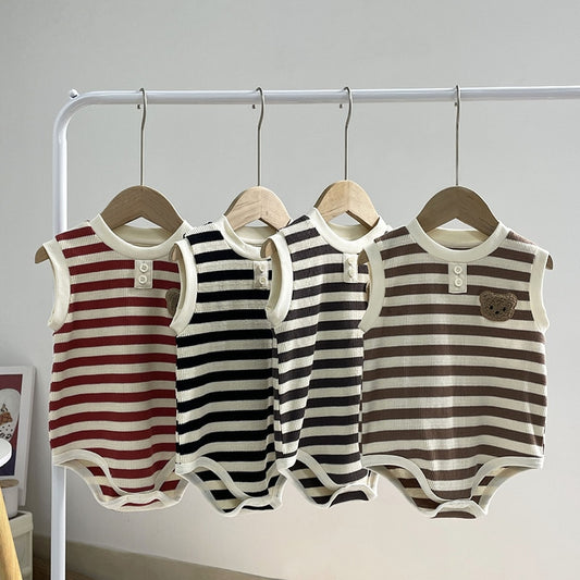 -ベビー ワッフル ボーダー くま ベア ワッペン ノースリーブ ロンパース 4カラー ユニセックス【mh0002070】 - mamahalo shop - ノースリーブロンパース - べビー服 - 子供服 - 男の子 - 女の子