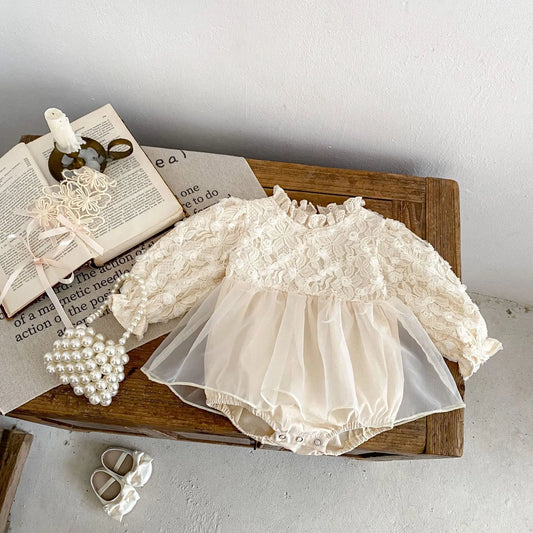 -ベビーロンパース スタンドフリルカラーチュチュスカートドッキング長袖ドレスロンパース アプリコット【mh0007114】 - mamahalo shop - 長袖ロンパース - べビー服 - 子供服 - 男の子 - 女の子