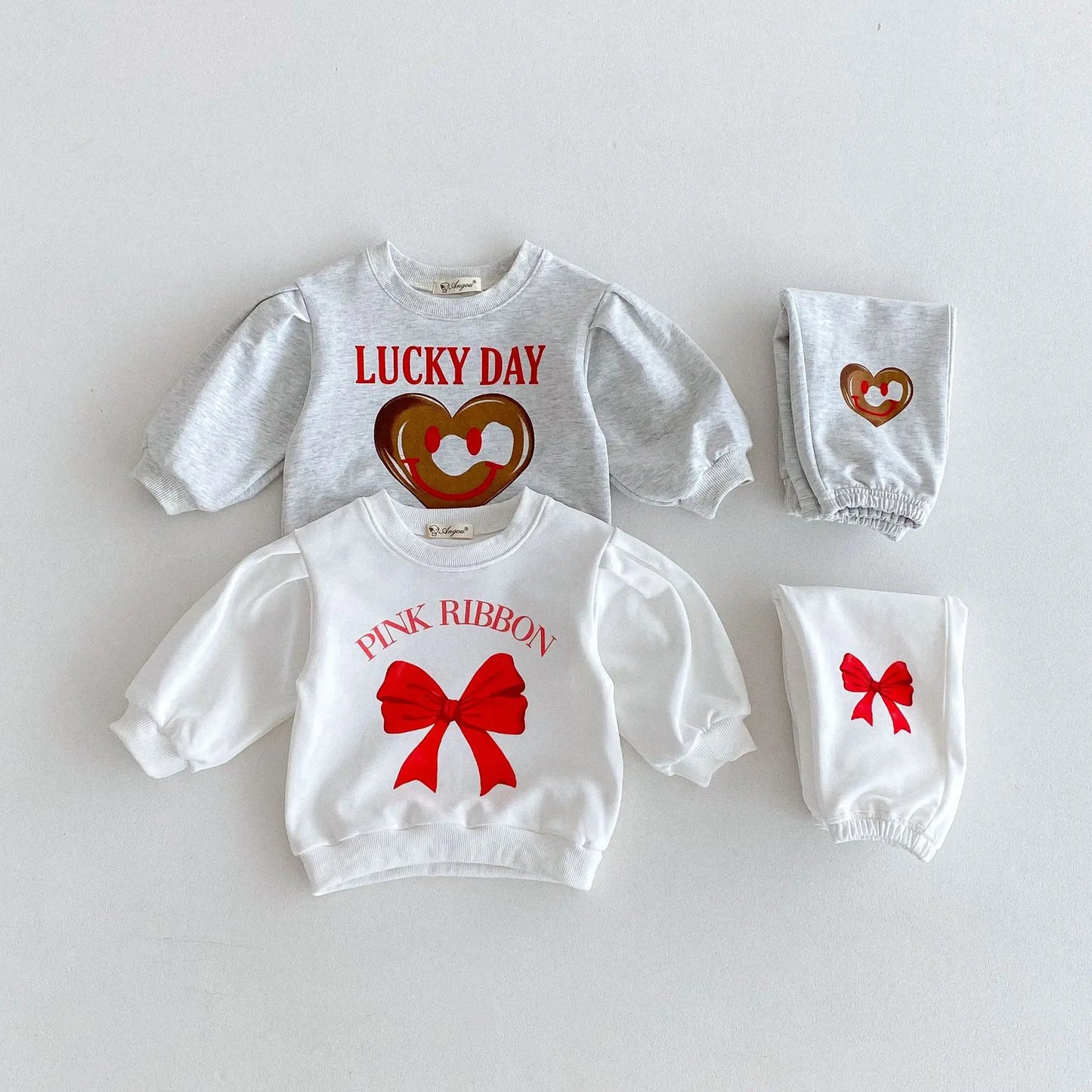 -キッズセットアップ 2点セット スウェットトレーナー+スウェットパンツ リボン/スマイルハートプリント 2カラー - mamahalo shop - 長袖セットアップ - べビー服 - 子供服 - 男の子 - 女の子