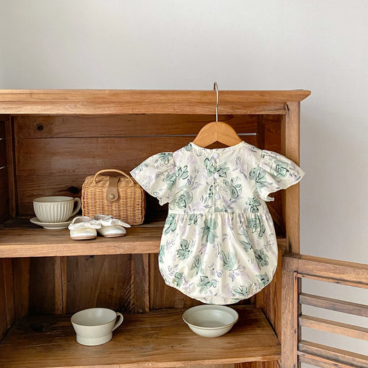 -ベビーロンパース 半袖フリルスリーブボディスーツ リボン フラワー花柄プリント【mh0004642】 - mamahalo shop - 半袖ロンパース - べビー服 - 子供服 - 男の子 - 女の子