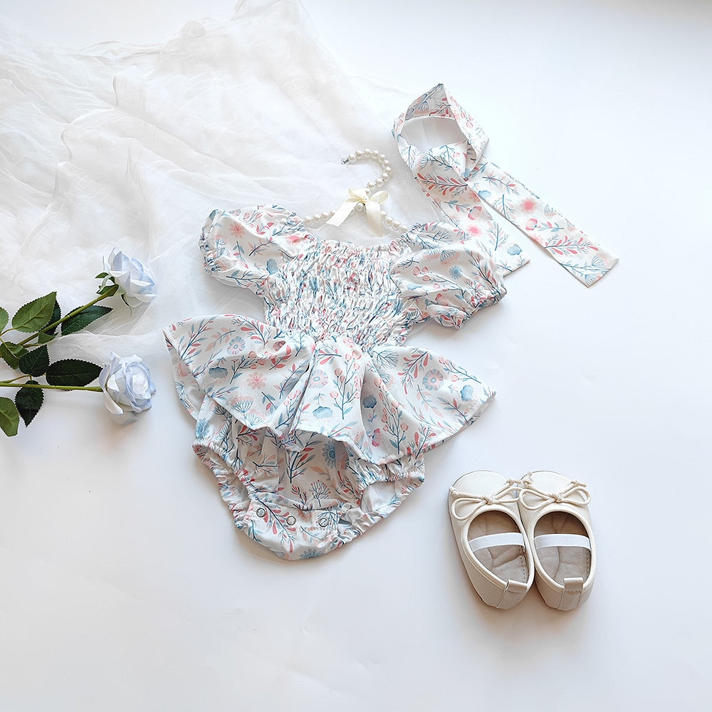 -ベビー フラワー 花柄 シャーリング スカート 半袖 ロンパース ドレス リボン セット ガールズ【mh0002073】 - mamahalo shop - 半袖ロンパース - べビー服 - 子供服 - 男の子 - 女の子