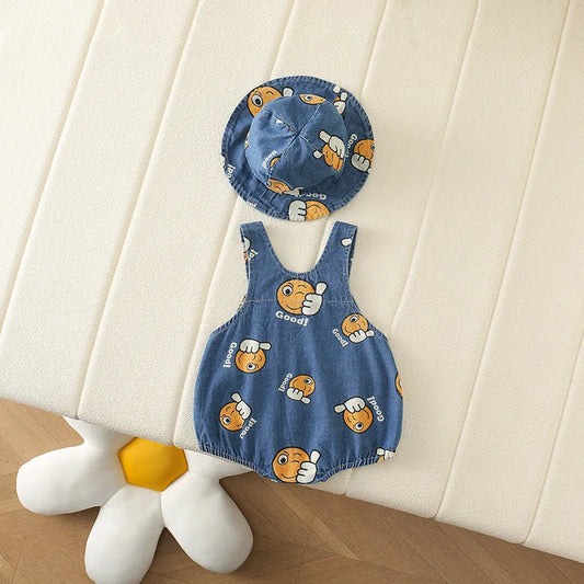 -ベビーオーバーオール 帽子セット デニムサスペンダーボディスーツ バケットハット スマイルプリント【mh0005768】 - mamahalo shop - ノースリーブロンパース - べビー服 - 子供服 - 男の子 - 女の子