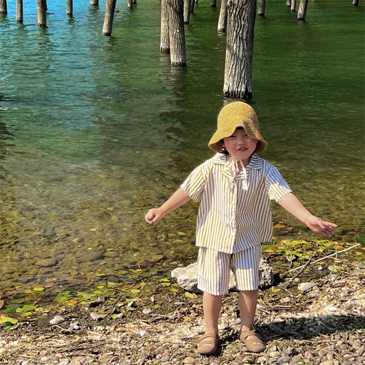 -キッズ ストライプ セットアップ 半袖 オープンカラー シャツ ショートパンツ イエロー ボーイズ - mamahalo shop - 半袖セットアップ - べビー服 - 子供服 - 男の子 - 女の子