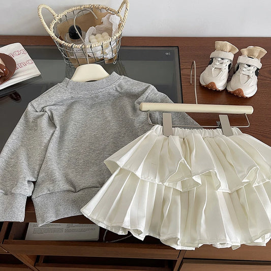 -キッズセットアップ 2点セット シンプル長袖スウェットトレーナー+ボリュームプリーツティアードケーキスカート - mamahalo shop - 長袖セットアップ - べビー服 - 子供服 - 男の子 - 女の子