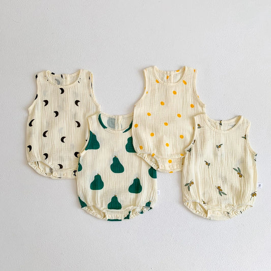-ベビーロンパース ノースリーブボディスーツ 月ムーン/洋梨/オリーブ/水玉ドットプリント【mh0005689】 - mamahalo shop - ノースリーブロンパース - べビー服 - 子供服 - 男の子 - 女の子