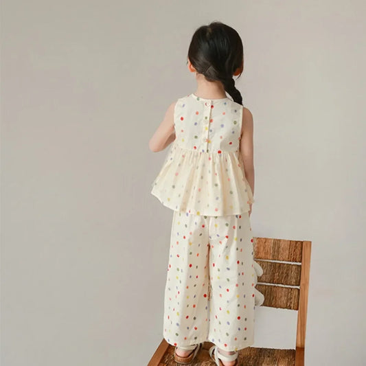 -キッズセットアップ 2点セット カラフルドットプリント ノースリーブペプラムブラウス+ロングルーズパンツ【mh0006091】 - mamahalo shop - ノースリーブセットアップ - べビー服 - 子供服 - 男の子 - 女の子