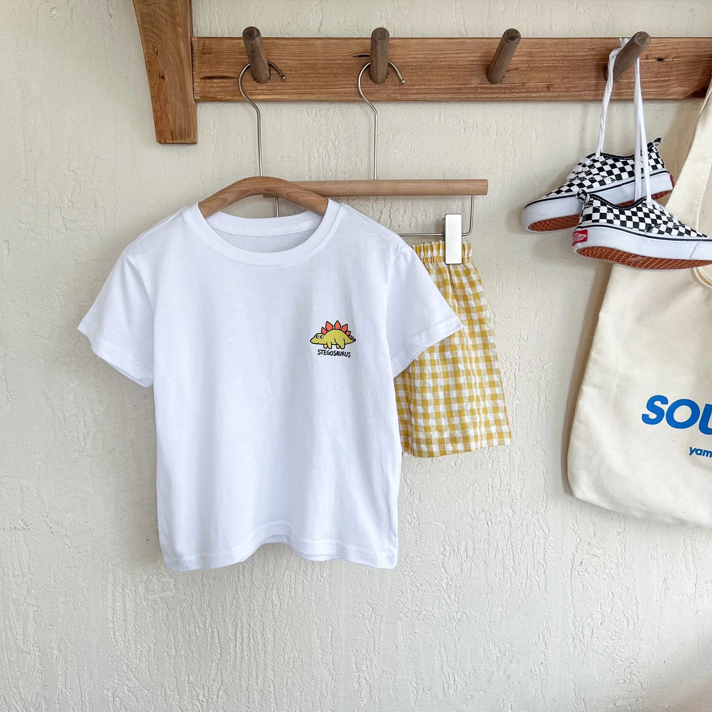 -キッズセットアップ 2点セット 半袖Tシャツ+チェックショートパンツ ダイナソー恐竜プリント 4カラー【mh0005509】 - mamahalo shop - ベビー服セット - べビー服 - 子供服 - 男の子 - 女の子