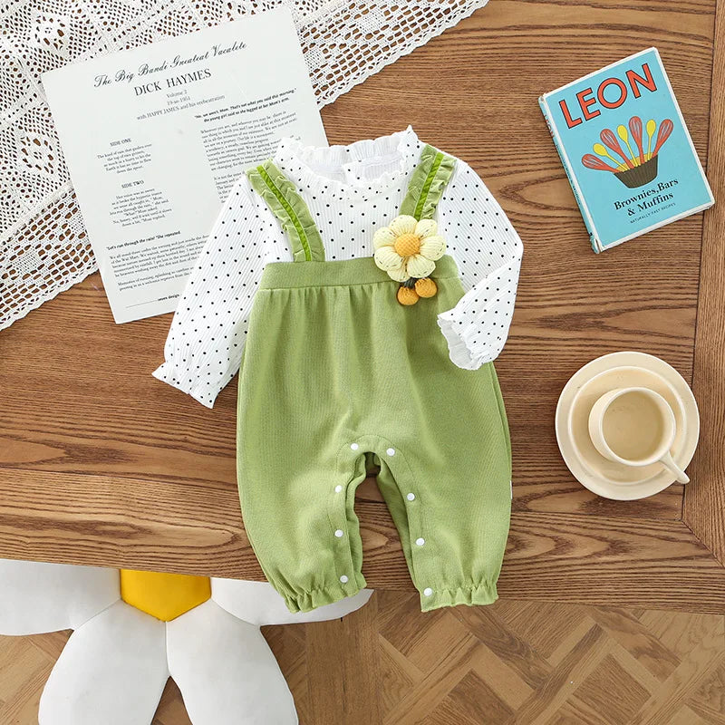 -ベビーロンパース 長袖ドッキングジャンプスーツ 水玉ドット フラワーアップリケ【mh0006448】 - mamahalo shop - 長袖ロンパース - べビー服 - 子供服 - 男の子 - 女の子