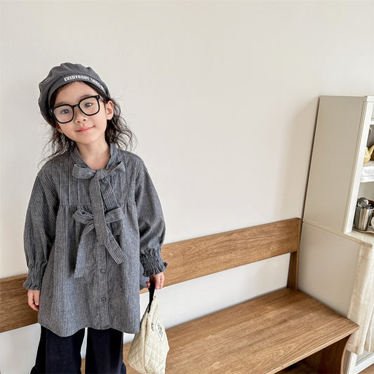 -キッズ ストライプ ピンタック リボン ルーズ 長袖 ブラウス シャツ ジャケット ガールズ - mamahalo shop - ショートコート・ジャケット・ジャンパー - べビー服 - 子供服 - 男の子 - 女の子