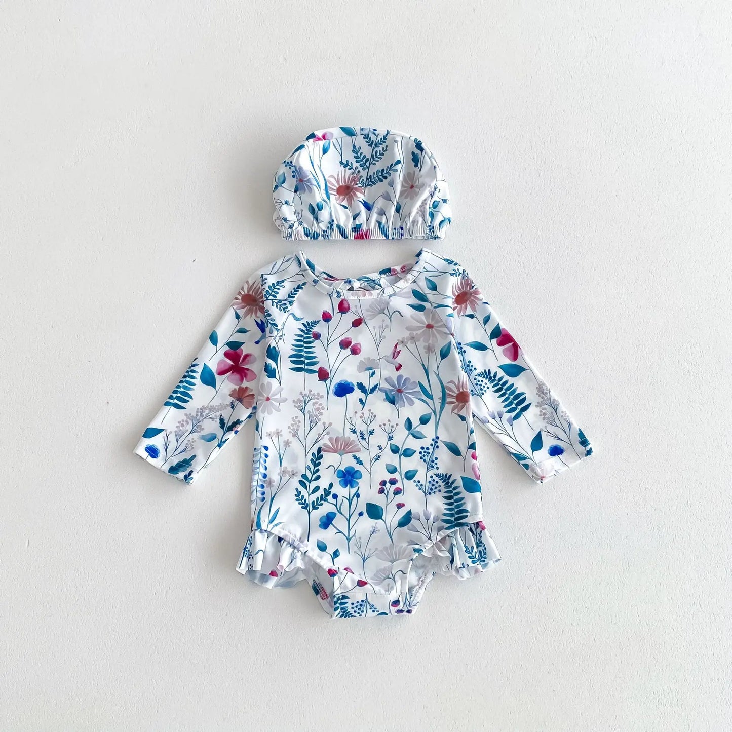 -ベビー水着 長袖ワンピース 帽子セット スイムウェア ラッシュガード フラワー花柄プリント【mh0005109】 - mamahalo shop - ベビー用水着 - べビー服 - 子供服 - 男の子 - 女の子