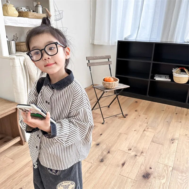 -キッズ長袖シャツ トップス ストライプ ルーズ ブルー ブラック 2カラー ボーイズ 男の子 子供服 - mamahalo shop - 長袖シャツ・ブラウス - べビー服 - 子供服 - 男の子 - 女の子