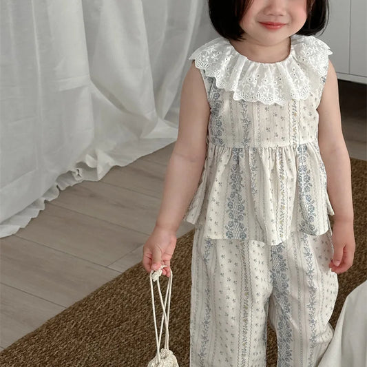 -キッズセットアップ 2点セット レース襟 ノースリーブペプラムチュニックブラウス+ワイドルーズパンツ フラワーストライププリント - mamahalo shop - ノースリーブセットアップ - べビー服 - 子供服 - 男の子 - 女の子