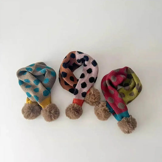 -キッズマフラー ニット ネックウォーマー ぽんぽん付き 水玉ポルカドット チェック 12カラー - mamahalo shop - ネックウォーマー - べビー服 - 子供服 - 男の子 - 女の子