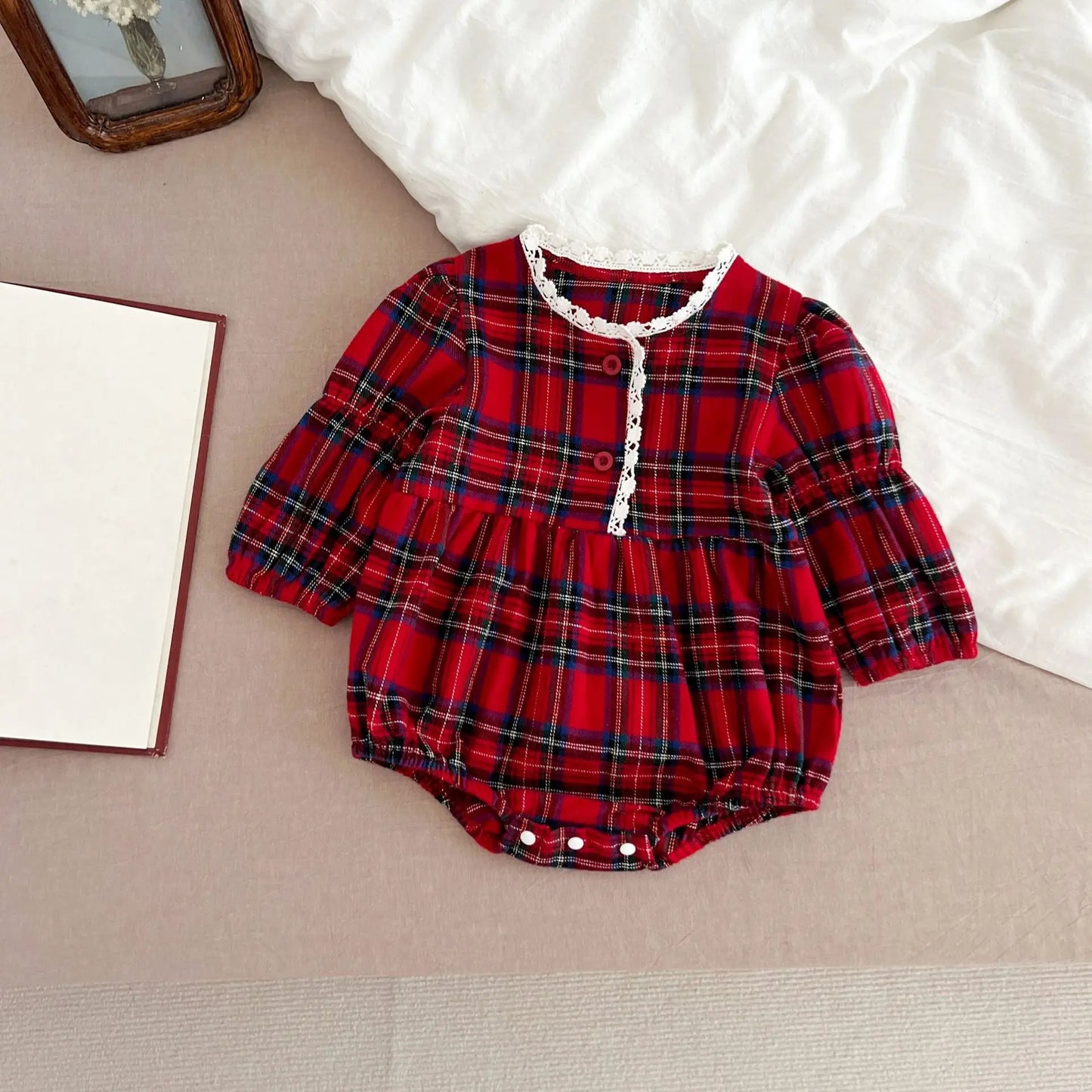 -ベビーロンパース/キッズワンピース タータンチェックレース縁取り長袖ボディスーツ/ワンピース リンクコーデ 姉妹 お揃いコーデ【mh0007419】 - mamahalo shop - 長袖ロンパース - べビー服 - 子供服 - 男の子 - 女の子