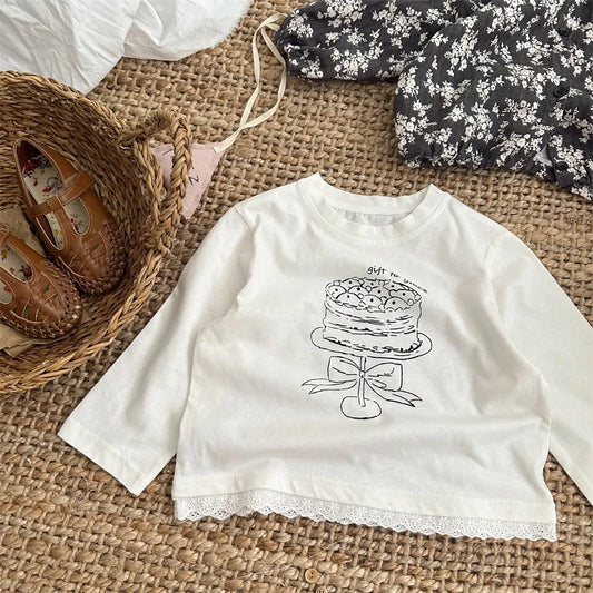 -キッズトップス ケーキスタンドプリント裾レース長袖Tシャツ ホワイト - mamahalo shop - 長袖Tシャツ - べビー服 - 子供服 - 男の子 - 女の子