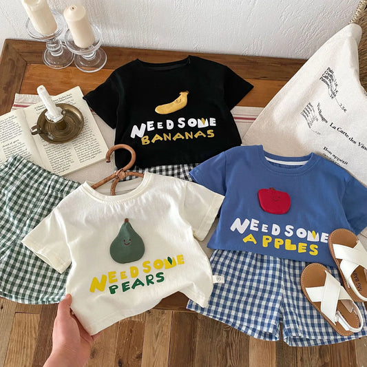 -ベビーキッズセットアップ 2点セット 半袖アップリケTシャツ+チェックショートパンツ フルーツ 3カラー - mamahalo shop - 半袖セットアップ - べビー服 - 子供服 - 男の子 - 女の子