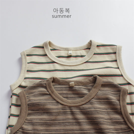 -キッズ ボーダー タンクトップ ノースリーブ Tシャツ ベージュ コーヒーブラウン ユニセックス【mh0001983】 - mamahalo shop - タンクトップ・キャミソール・ノースリーブトップス - べビー服 - 子供服 - 男の子 - 女の子