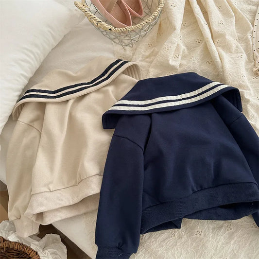-キッズトップス セーラーカラー 長袖スウェットシャツ レターロゴプリント ベージュ/ネイビー/2カラー - mamahalo shop - 長袖Tシャツ - べビー服 - 子供服 - 男の子 - 女の子