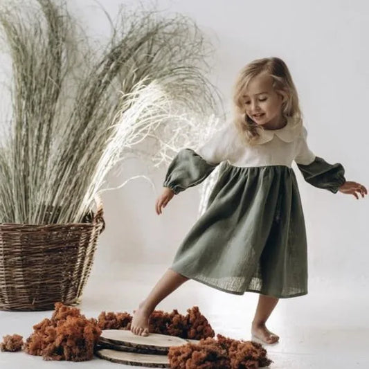 -キッズワンピース 長袖切り替えワンピース 丸襟 ブラウン/グリーン/2カラー - mamahalo shop - 長袖ワンピース - べビー服 - 子供服 - 男の子 - 女の子