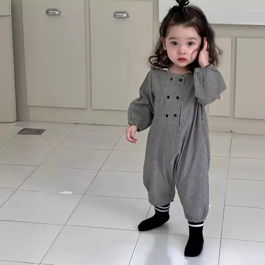 -ベビージャンプスーツ セーラーカラーストライプ/無地長袖つなぎ 2カラー - mamahalo shop - 長袖ジャンプスーツ - べビー服 - 子供服 - 男の子 - 女の子